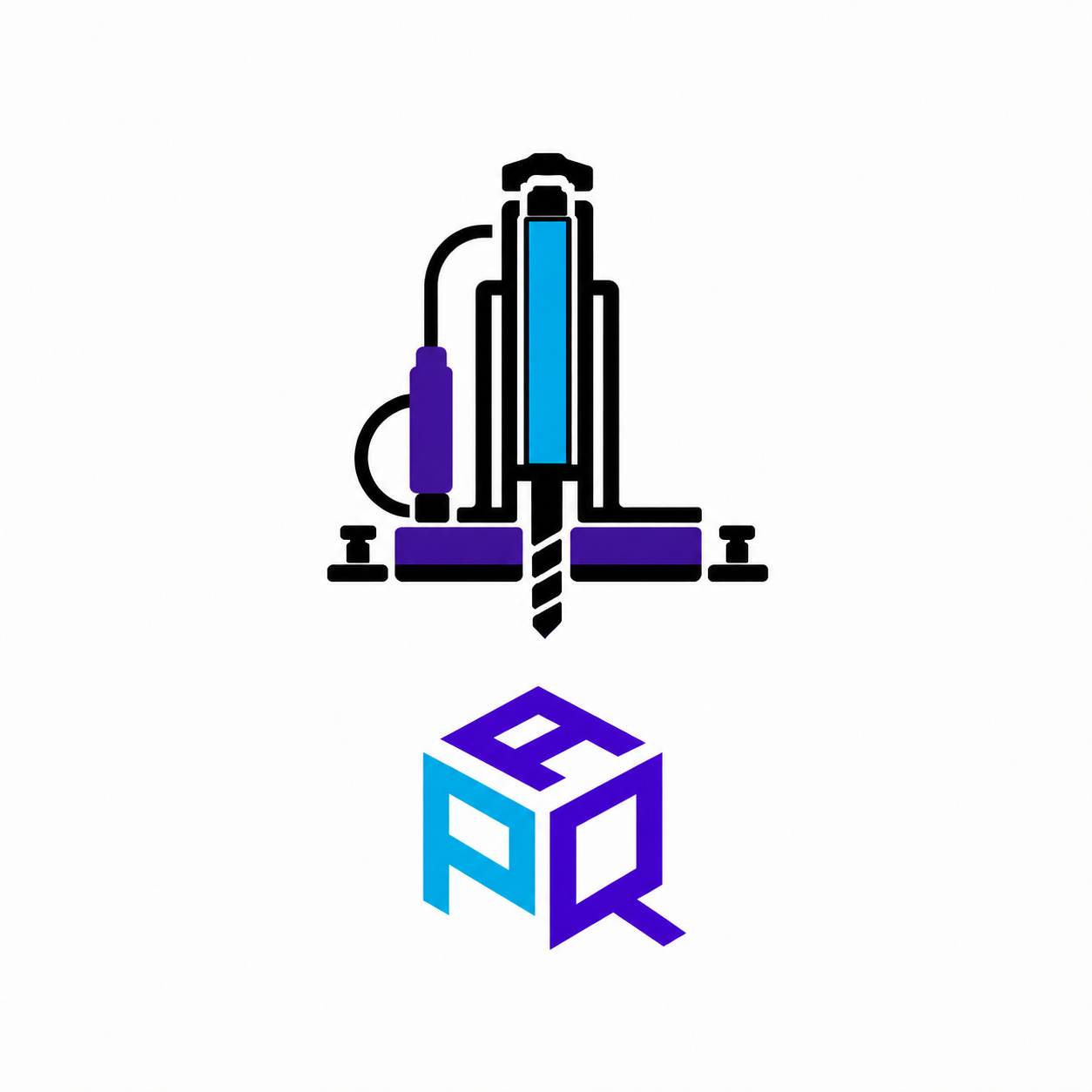 Well drilling logo featuring a compact drilling rig with its short spiral bit clearly separated from a clean PaQ cube logo